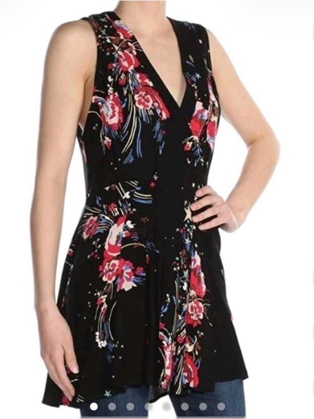 Free People Black Floral V-Neck Sleeveless Tunic with Multicolor Accents
